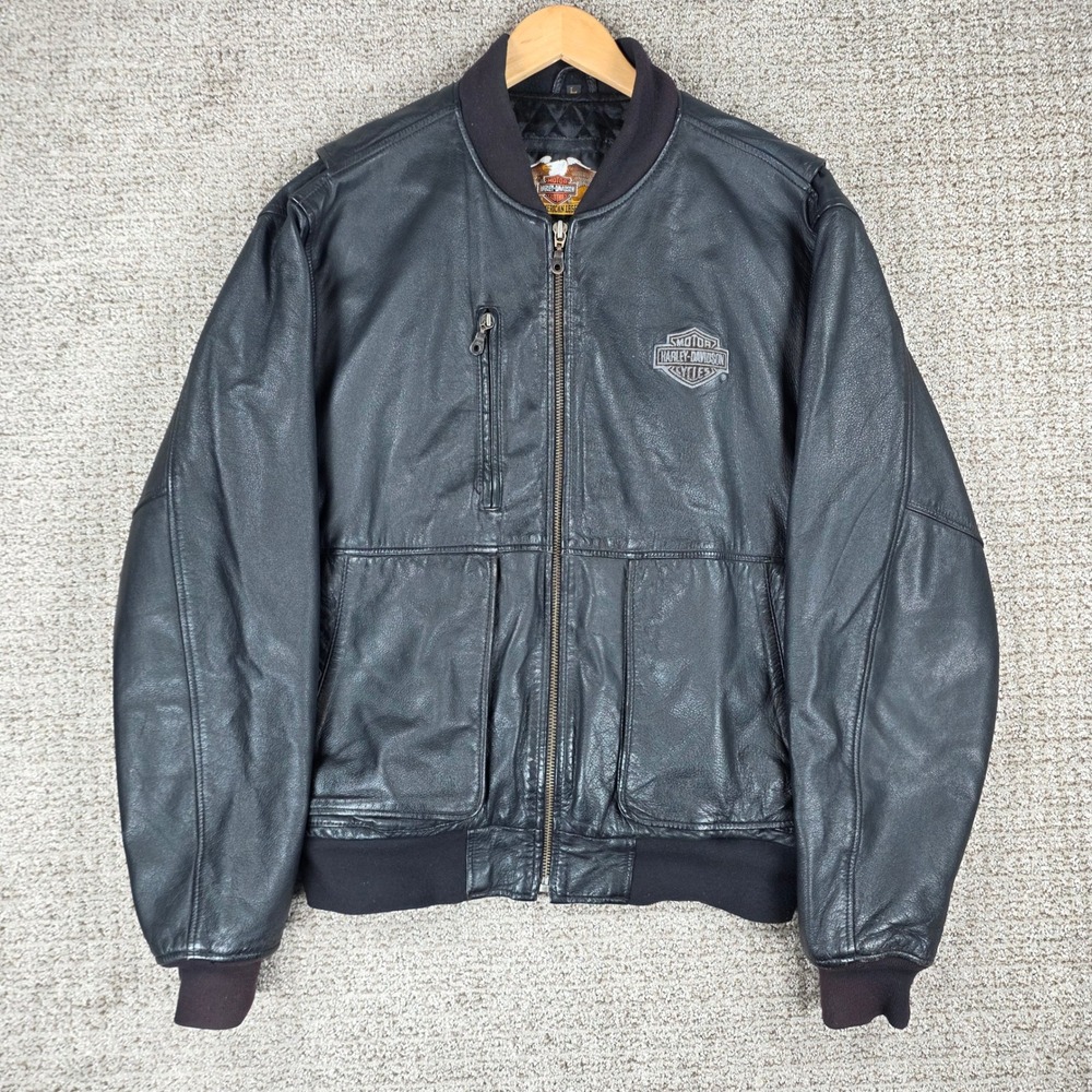 Harley-Davidson Mens Black Leather Bomber Jacket Size Large Riding Motorcycle